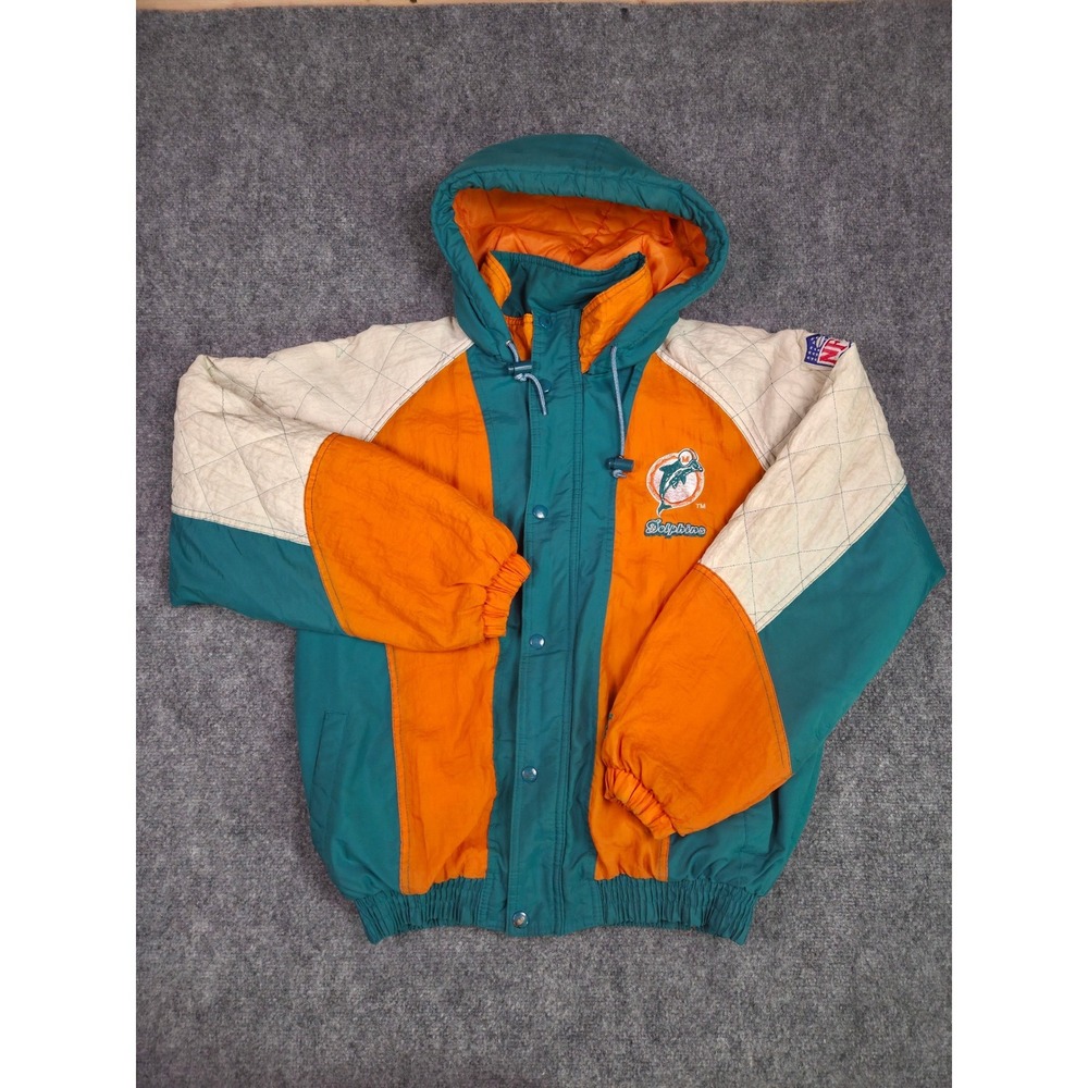 Vintage 90s Starter Miami Dolphins Hooded Puffer Jacket XL Teal Orange NFL Color